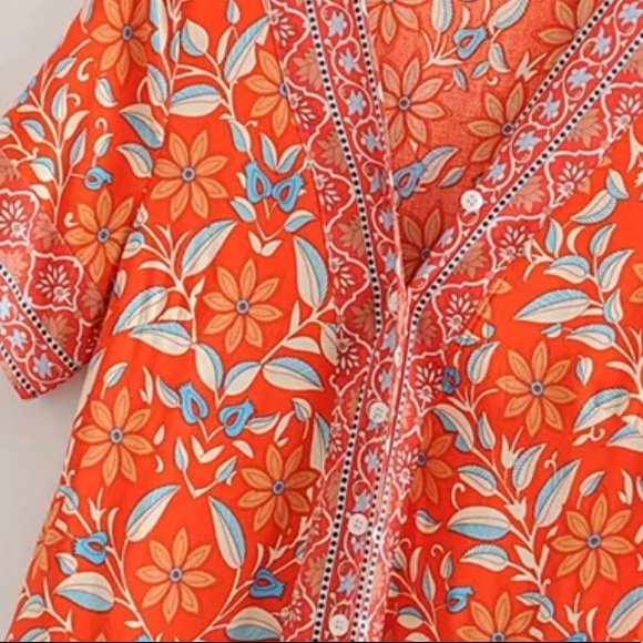 Orange Button Up Boho Floral Gypsy Print Dress - Picture 4 of 9